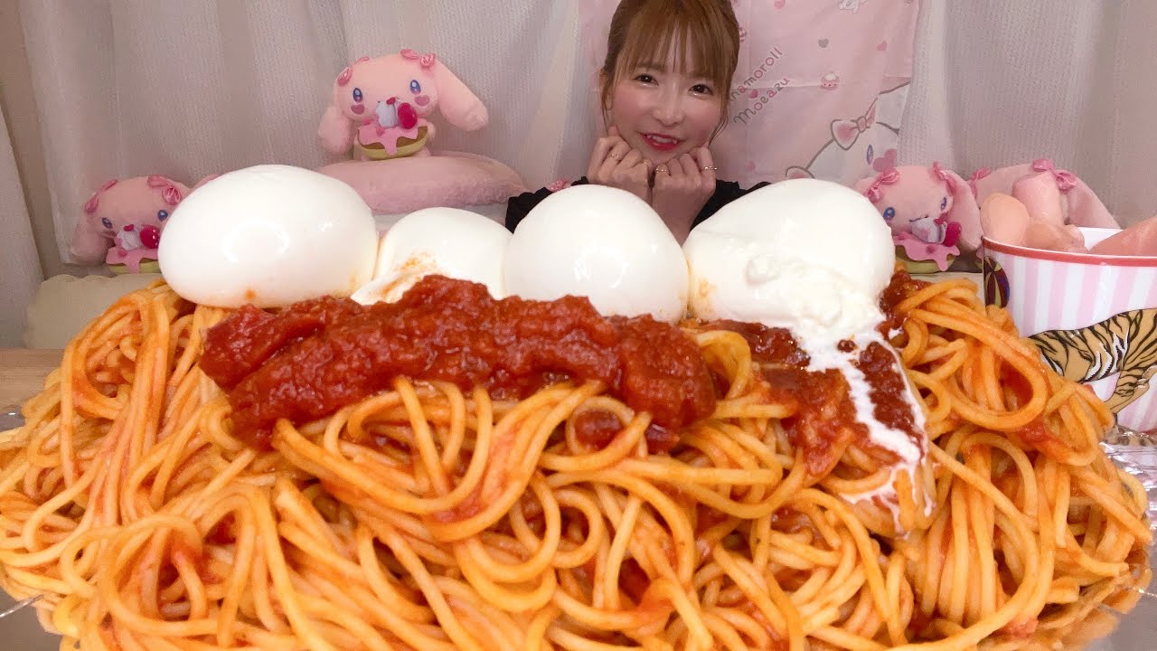 【大食い】ブッラータにんにくトマトスパゲティ生モッツァレラ【もえあず】