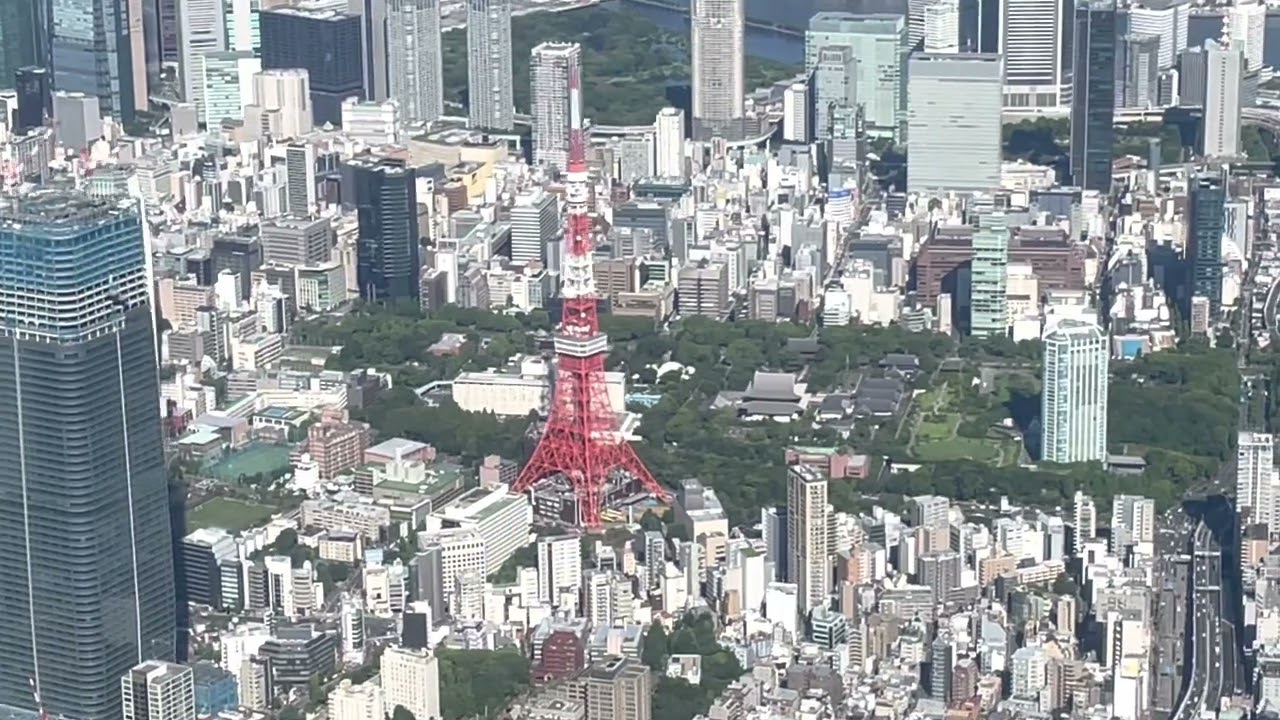 飛行機から見た東京都心部。皇居や東京タワー