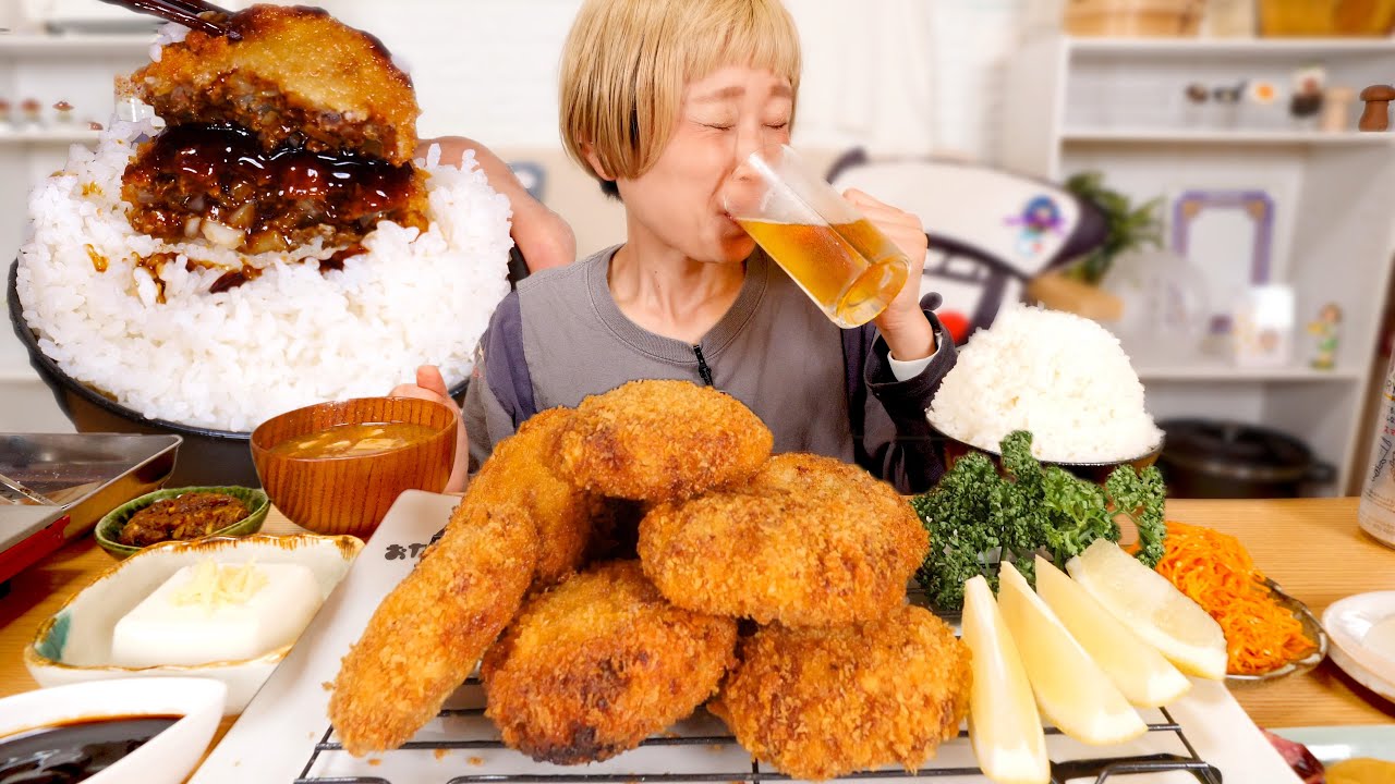 【大食い】【⚠サクサク】揚げたてメンチカツ定食。〜だれか油片付けてくれたらいいのに〜【モッパン】【MUKBANG】