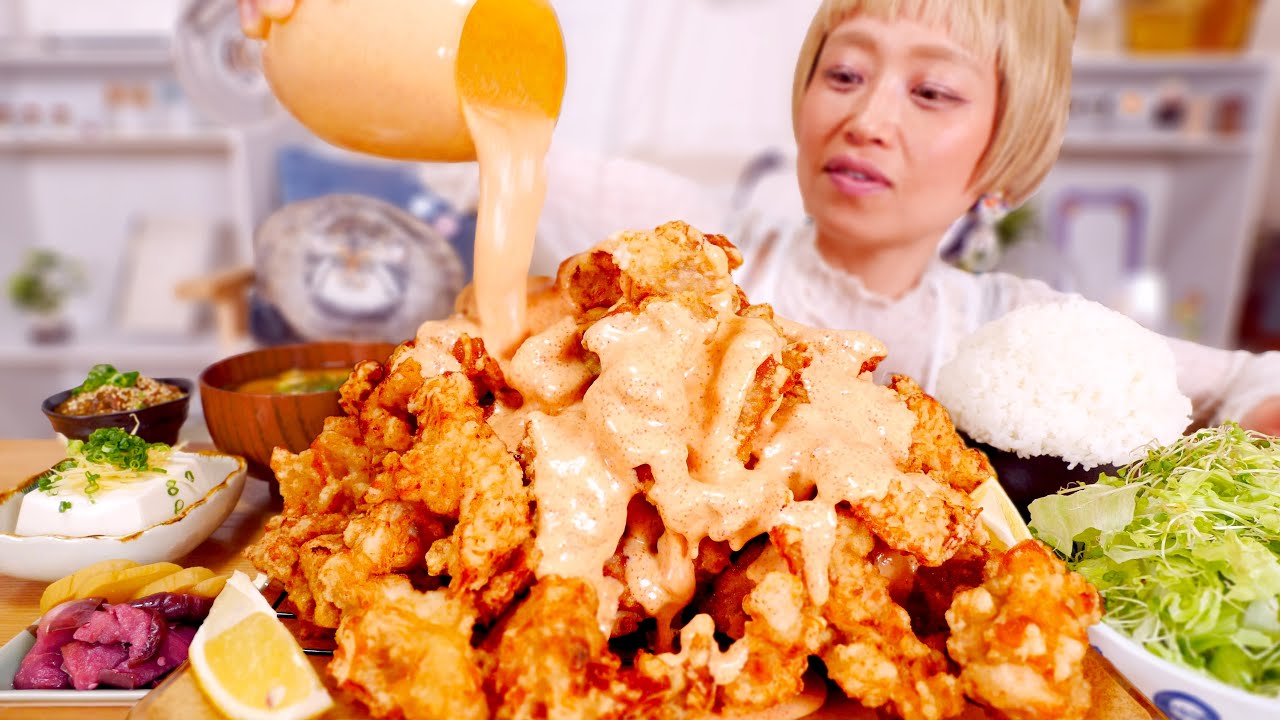 【大食い】明太マヨの滝。特大明太マヨ唐揚げ定食で最高の夕ご飯。【モッパン】【MUKBANG】