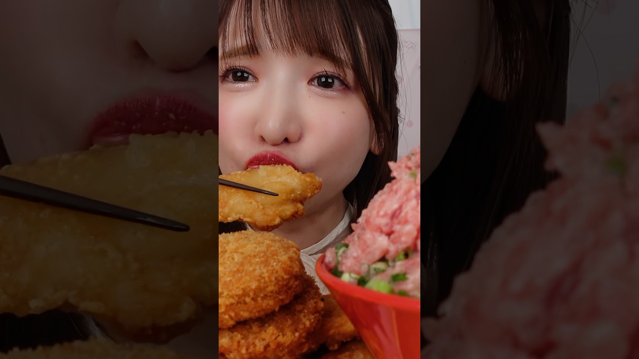 揚げものとネギトロ丼いっぱい食べる女