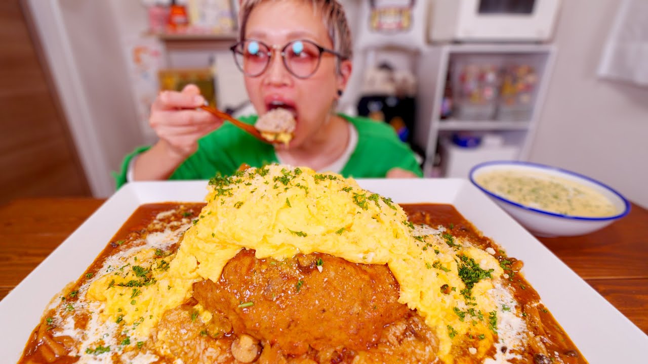【大食い】多分5kg。肉汁の滝。デカ盛り煮込みハンバーグプレートを作って食べる。【モッパン】【MUKBANG】